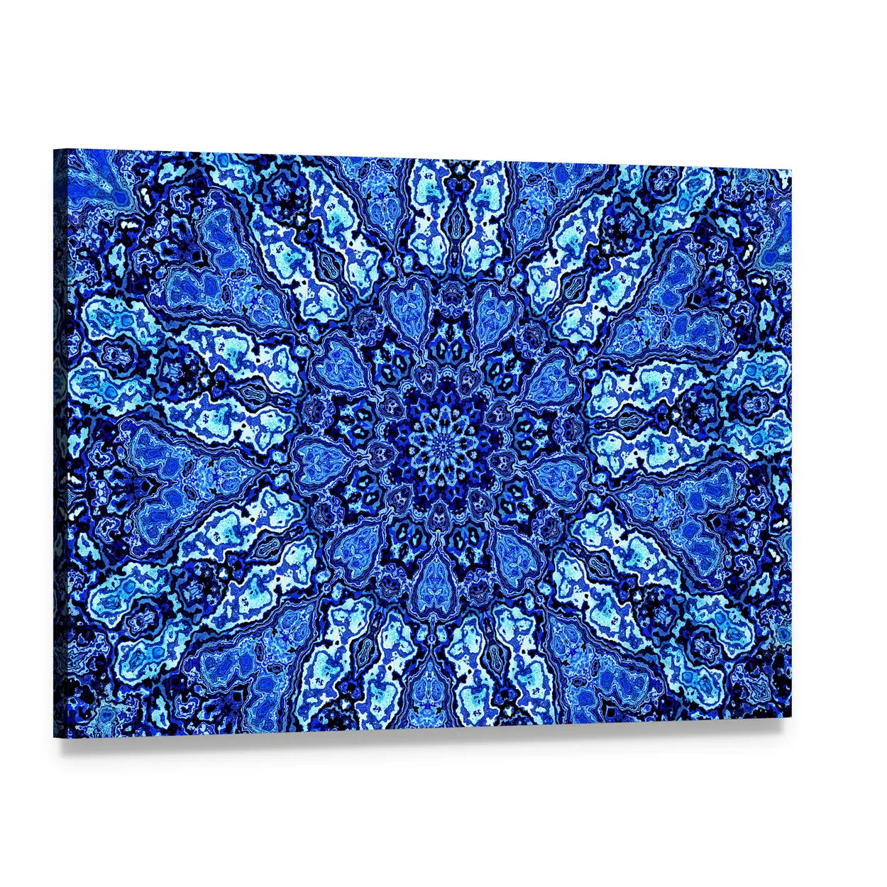 Blue Mandala Fractal Canvas Wall Art, single panel gallery wrapped canvas, angled product view