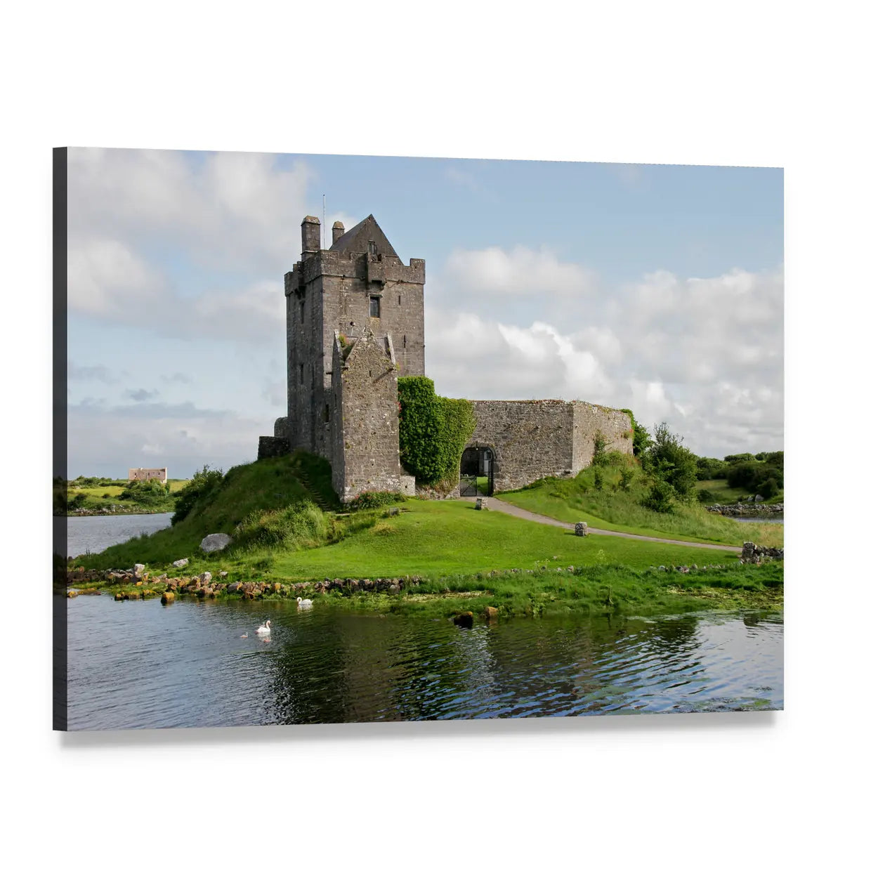 Dunguaire Castle with Swans Canvas Wall Art, single panel gallery wrapped canvas, angled product view