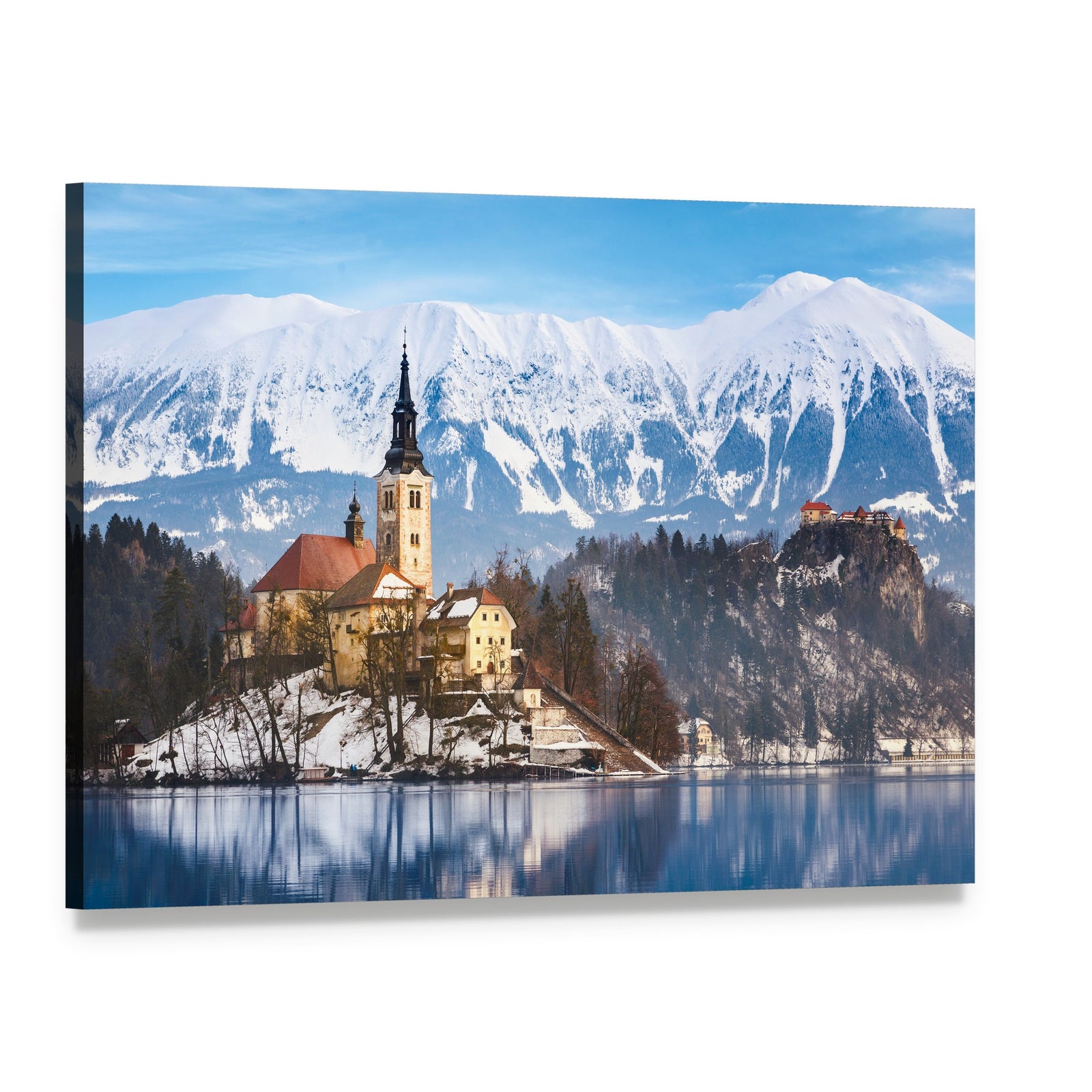 Lake Bled St Marys Church Canvas Wall Art, single panel gallery wrapped canvas, angled product view