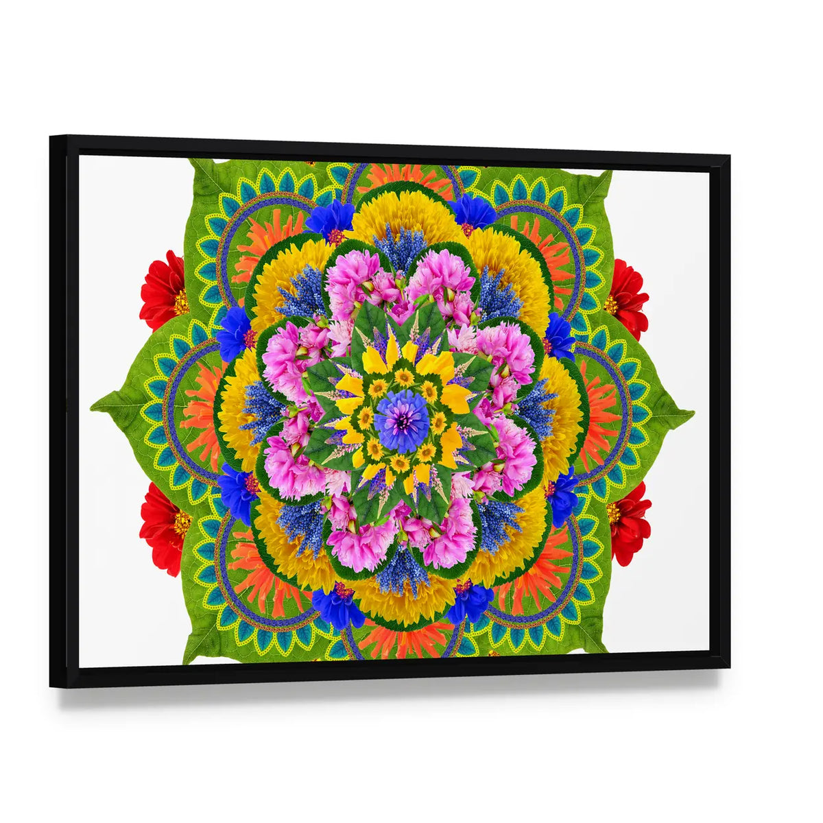Sacred Lotus Mandala Canvas Wall Art, framed canvas in a black floater frame, angled product view