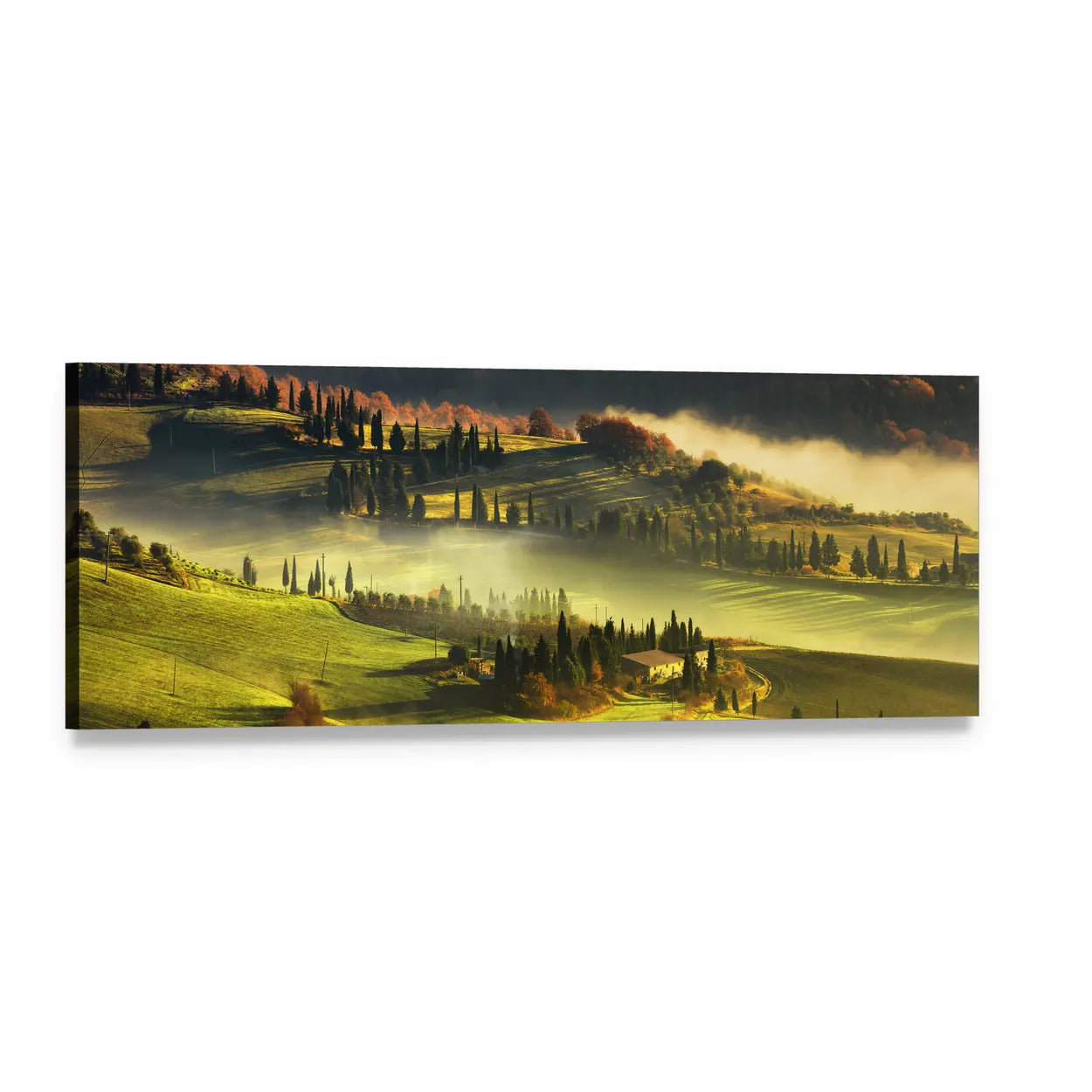 Foggy Tuscan Morning Panoramic Canvas Wall Art, single panel gallery wrapped canvas, angled product view