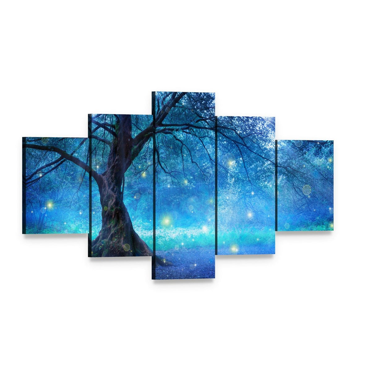 Enchanted Fairy Tree with Glowing Lights Canvas Wall Art, 5 panel 5 Star layout gallery wrapped canvas set, angled product view