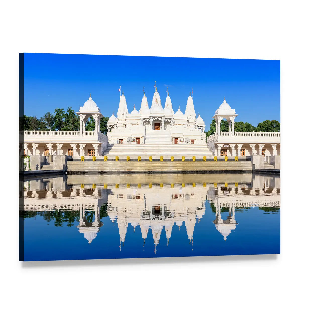 White Ornate Hindu Temple with Water Reflection Canvas Wall Art, single panel gallery wrapped canvas, angled product view