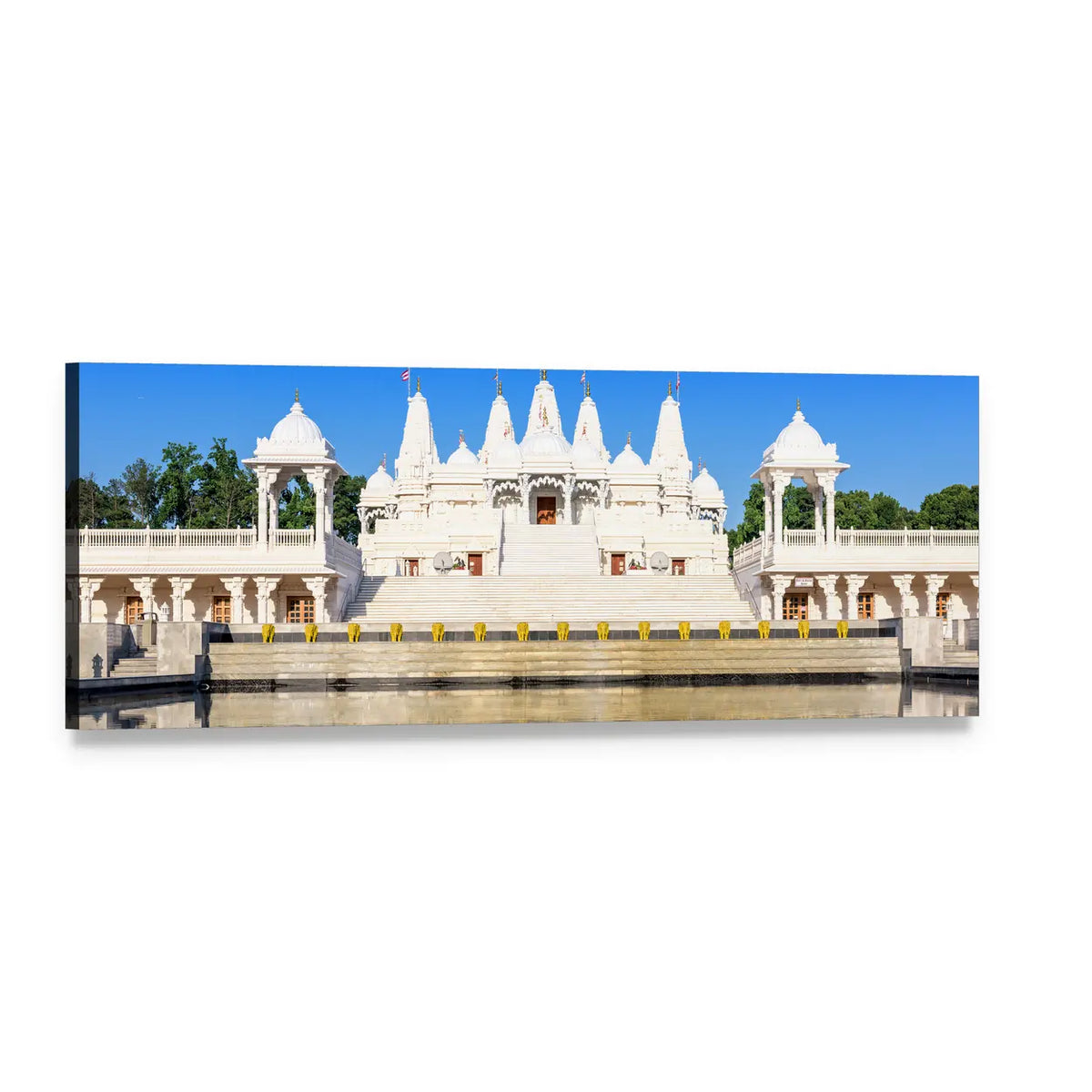 White Hindu Temple with Reflecting Water, Atlanta Panoramic Canvas Wall Art, single panel gallery wrapped canvas, angled product view