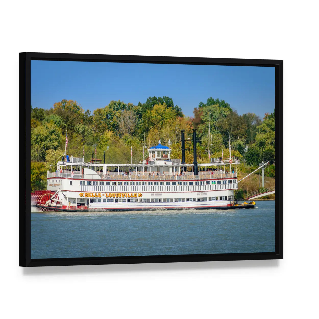 Belle of Louisville Paddle Wheeler Canvas Wall Art, framed canvas in a black floater frame, angled product view