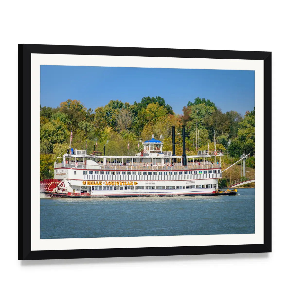 Belle of Louisville Paddle Wheeler Canvas Wall Art, framed print with white mat and black frame, angled product view