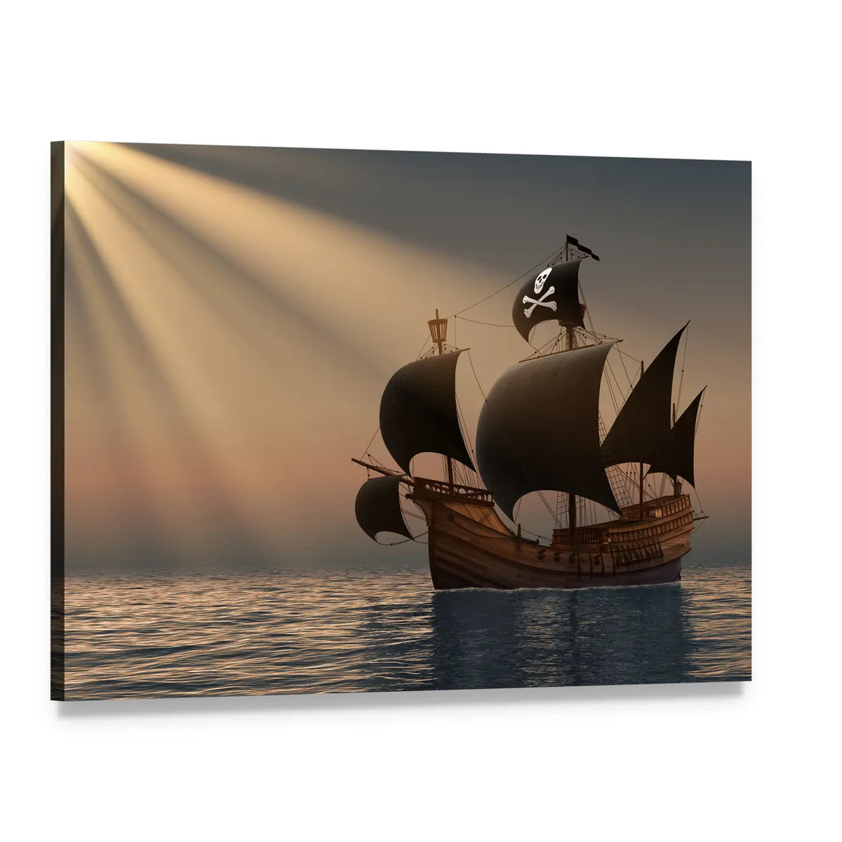 Pirate Ship in Sunbeams Canvas Wall Art, single panel gallery wrapped canvas, angled product view