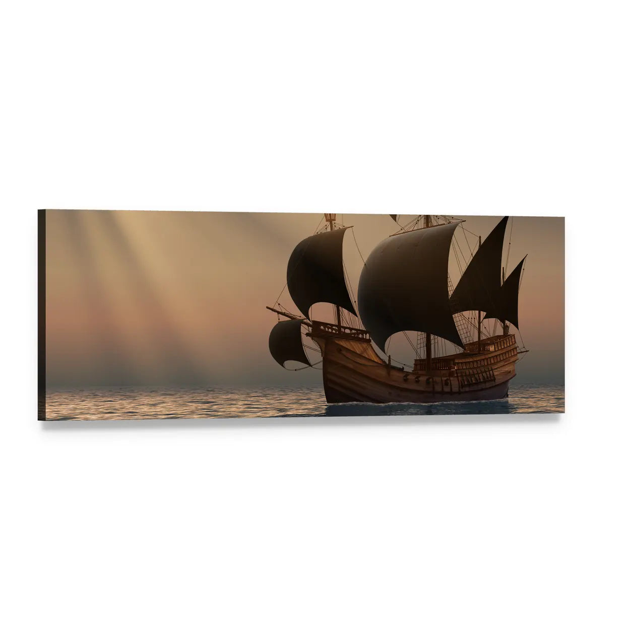 Three-masted Pirate Galleon at Sunset Panoramic Canvas Wall Art, single panel gallery wrapped canvas, angled product view