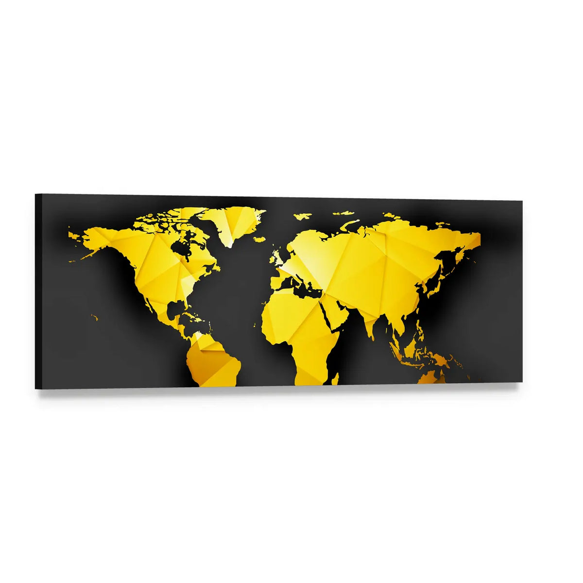 Yellow Low Poly World Map Panoramic Canvas Wall Art, single panel gallery wrapped canvas, angled product view