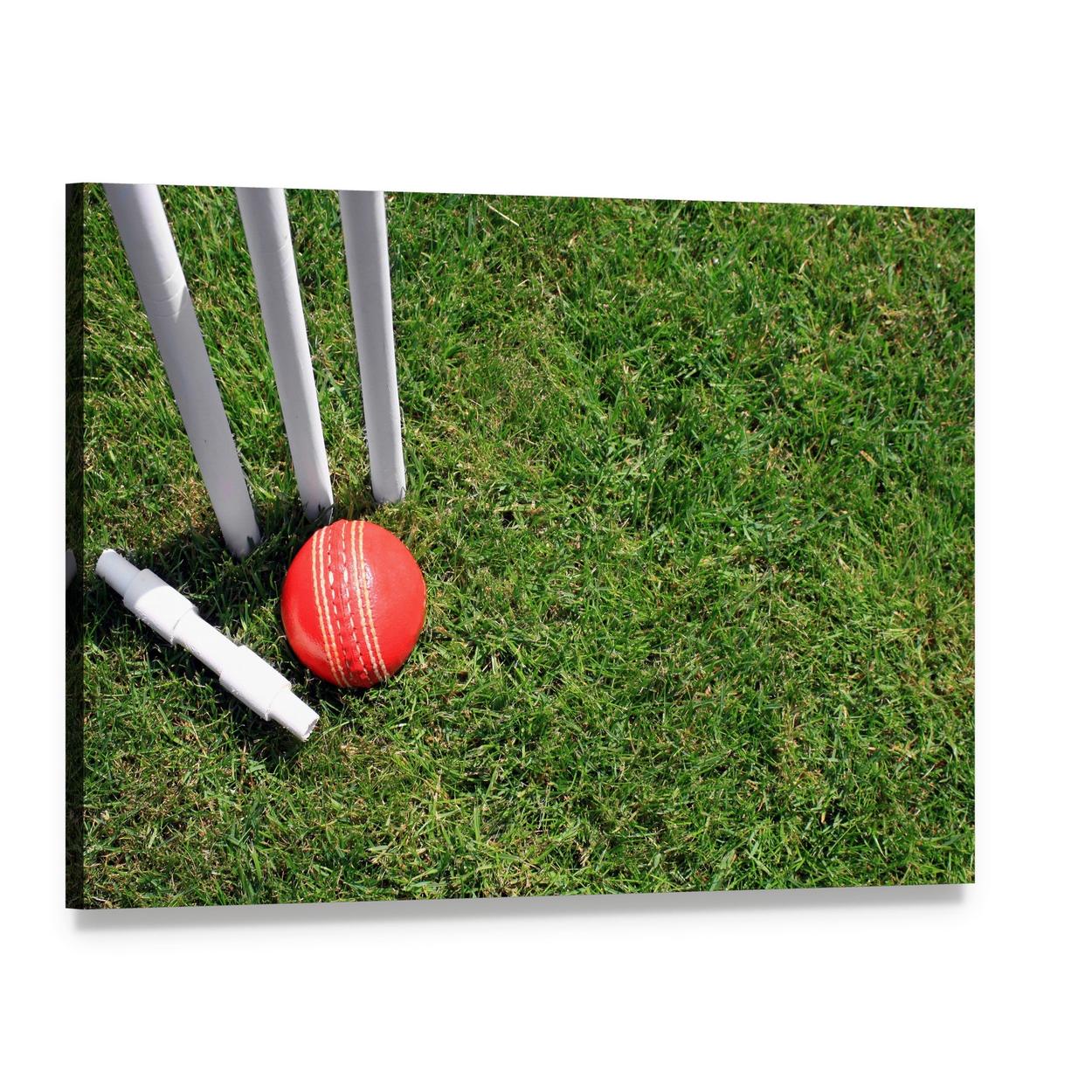 Cricket Ball and Stumps Canvas Wall Art, single panel gallery wrapped canvas, angled product view