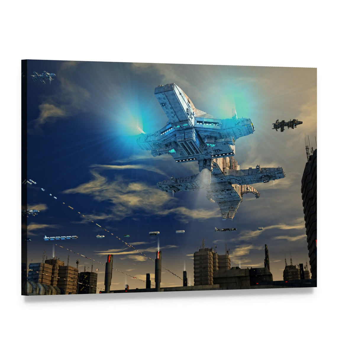 Spaceship Over Futuristic City Canvas Wall Art, single panel gallery wrapped canvas, angled product view