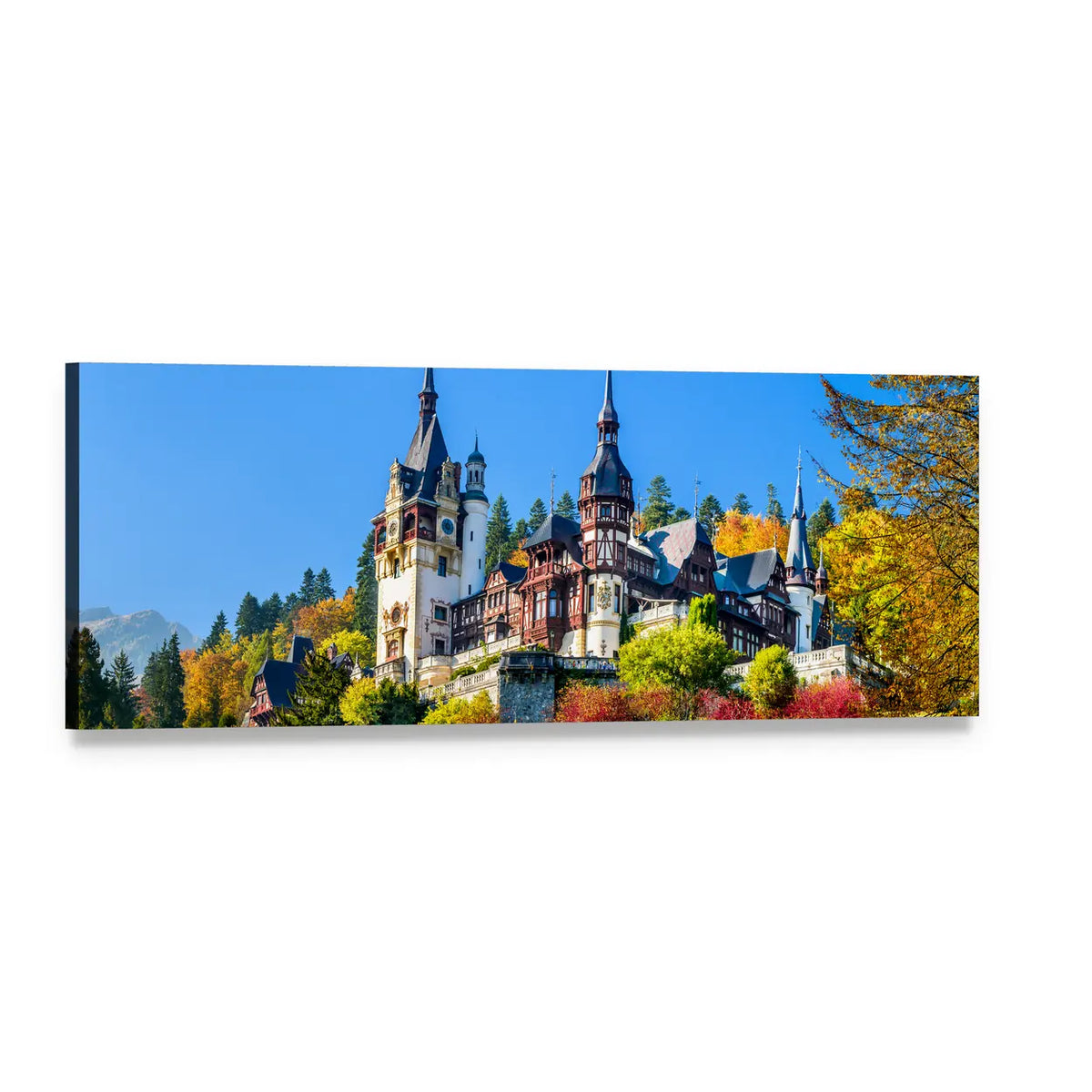 Royal Romanian Castle with Autumn Foliage Panoramic Canvas Wall Art, single panel gallery wrapped canvas, angled product view