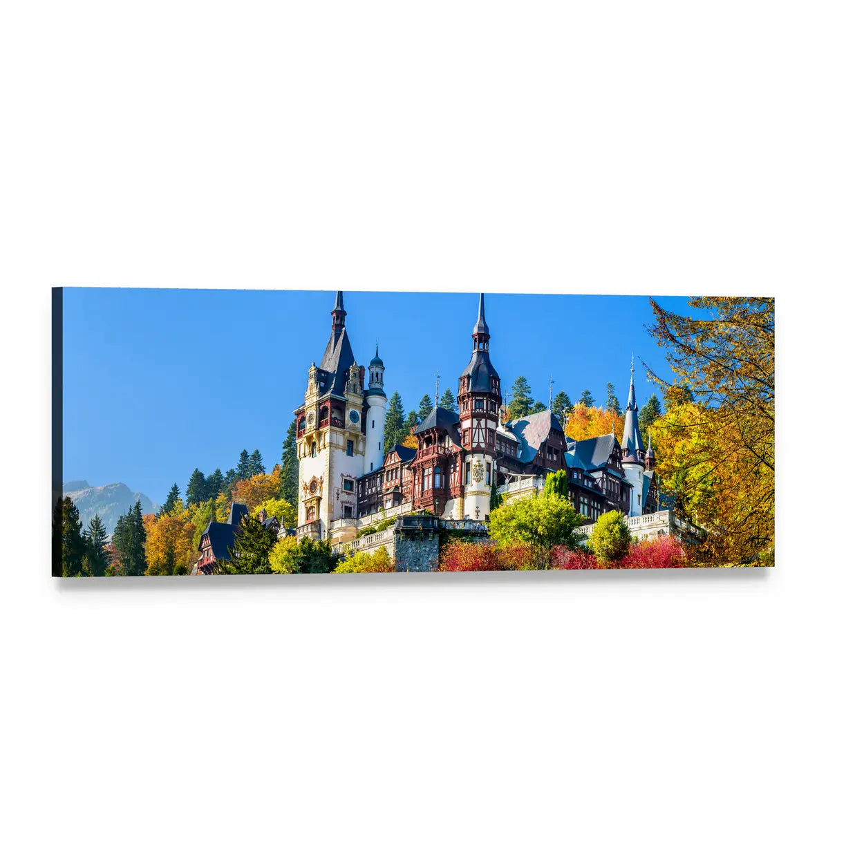 Royal Romanian Castle with Autumn Foliage Panoramic Canvas Wall Art, single panel gallery wrapped canvas, angled product view