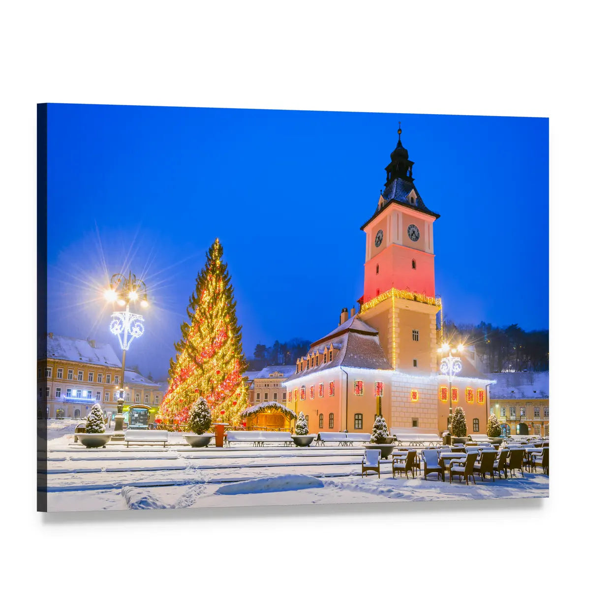 Christmas Market in Brasov Main Square Canvas Wall Art, single panel gallery wrapped canvas, angled product view