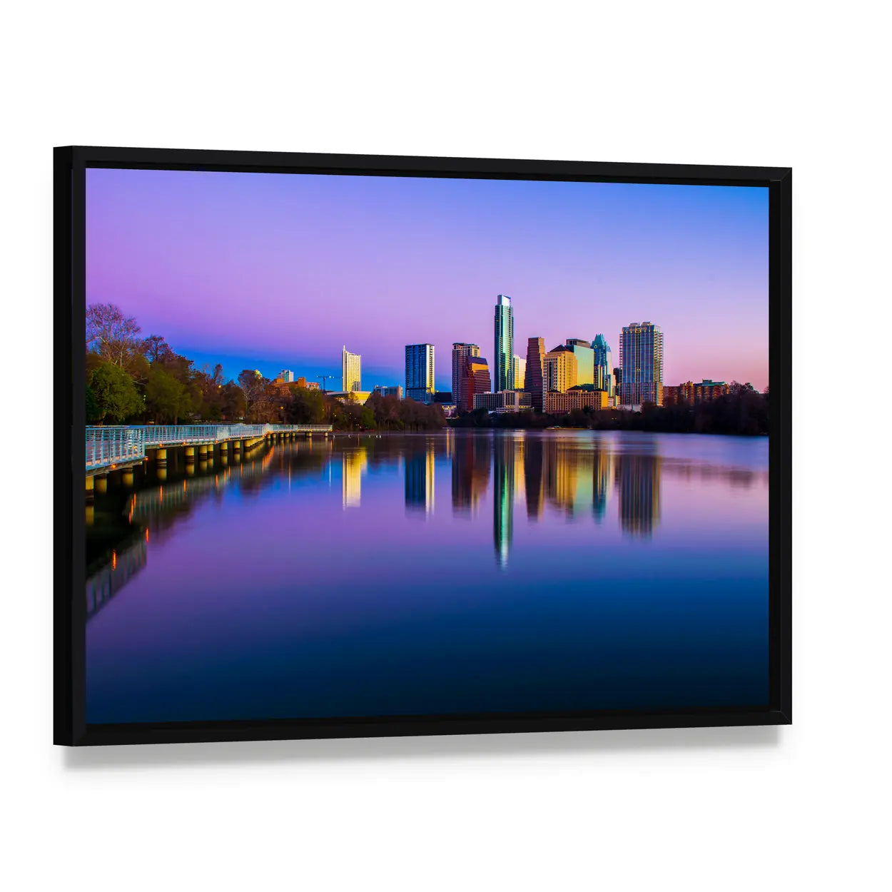 Austin Skyline In Texas Canvas Wall Art, framed canvas in a black floater frame, angled product view