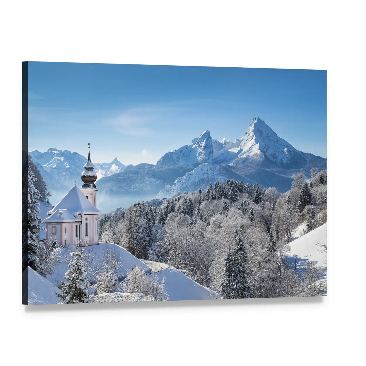 Baroque Pink Church in Bavarian Alps Canvas Wall Art, single panel gallery wrapped canvas, angled product view