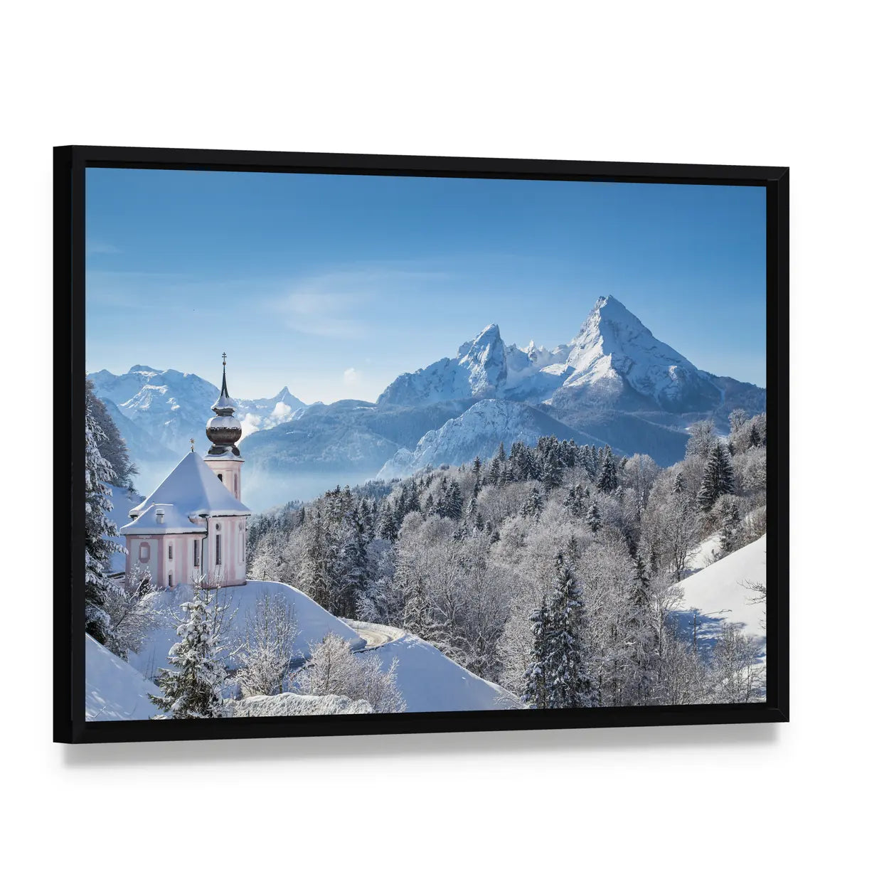 Baroque Pink Church in Bavarian Alps Canvas Wall Art, framed canvas in a black floater frame, angled product view
