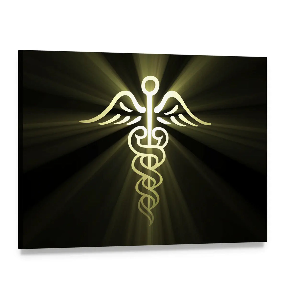 Golden Caduceus with Radiant Light Canvas Wall Art, single panel gallery wrapped canvas, angled product view