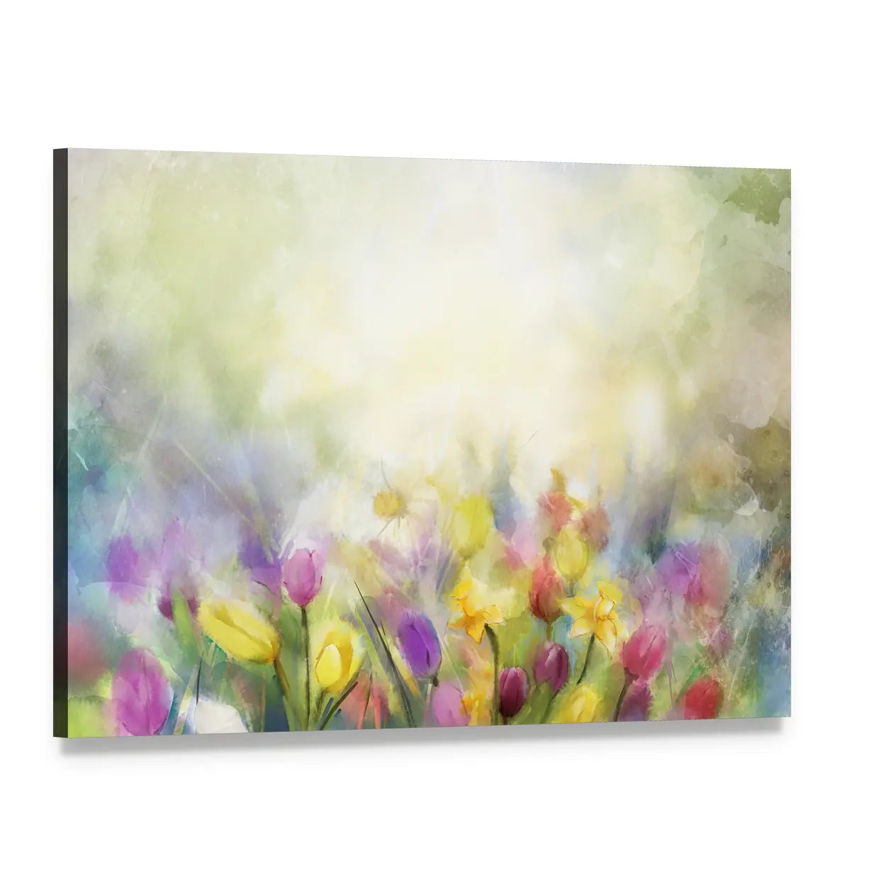 Watercolor Daffodil and Tulip Meadow Canvas Wall Art, single panel gallery wrapped canvas, angled product view
