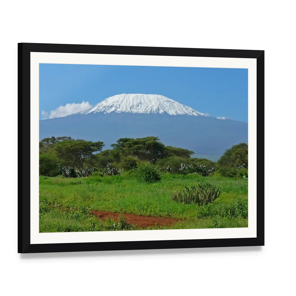 Mount Kilimanjaro Over Savanna Canvas Wall Art, framed print with white mat and black frame, angled product view