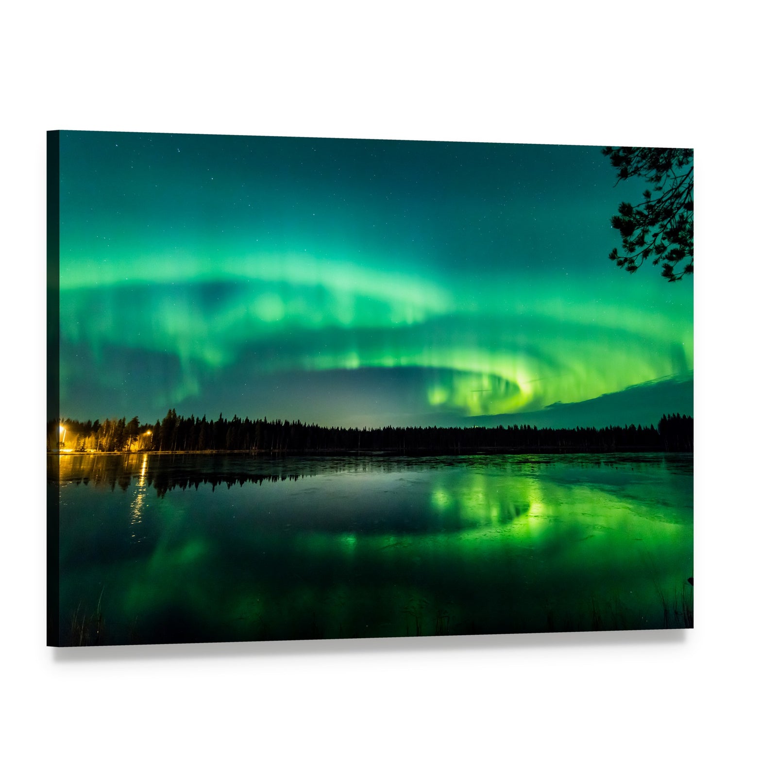 Aurora Over Finnish Lake Canvas Wall Art, single panel gallery wrapped canvas, angled product view