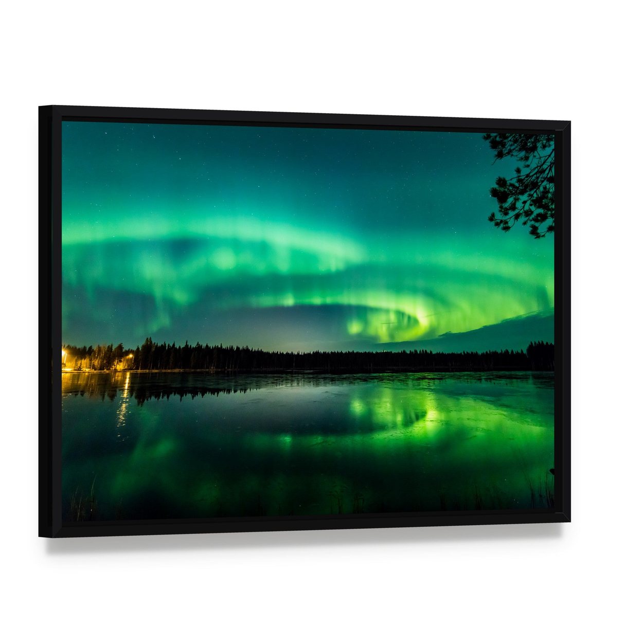 Aurora Over Finnish Lake Canvas Wall Art, framed canvas in a black floater frame, angled product view