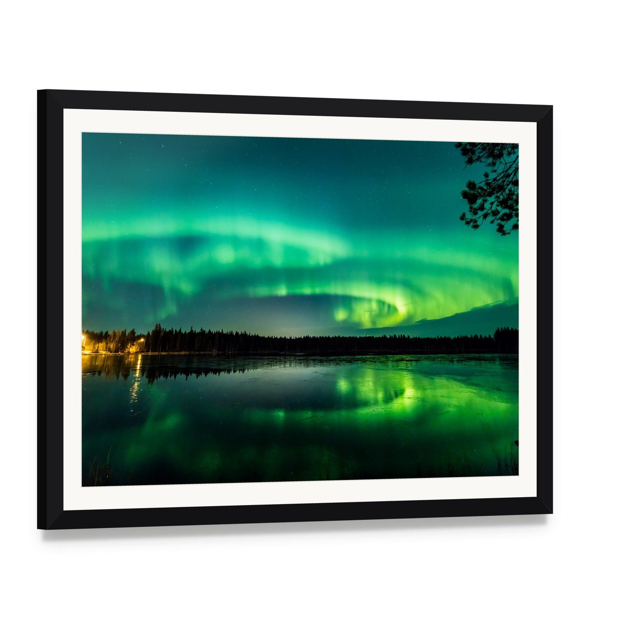 Aurora Over Finnish Lake Canvas Wall Art, framed print with white mat and black frame, angled product view