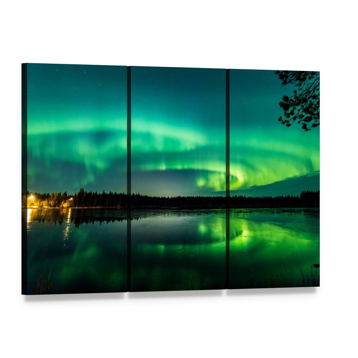 Aurora Over Finnish Lake Canvas Wall Art, 3 panel 3 Horizontal layout gallery wrapped canvas set, angled product view