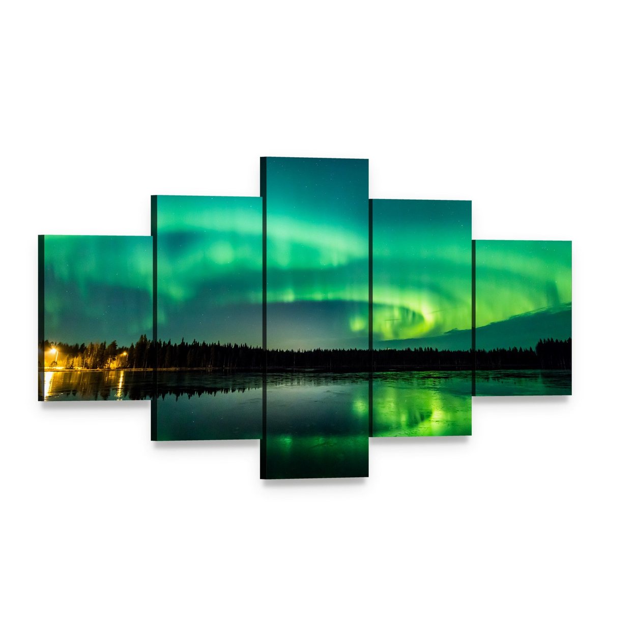 Aurora Over Finnish Lake Canvas Wall Art, 5 panel 5 Star layout gallery wrapped canvas set, angled product view