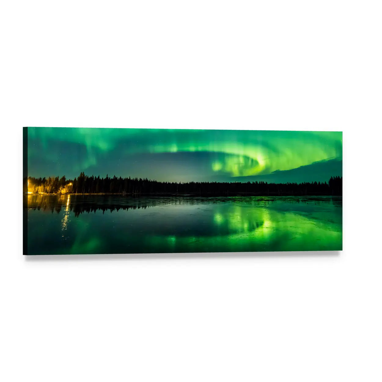 Aurora Over Finnish Lake Panoramic Canvas Wall Art, single panel gallery wrapped canvas, angled product view