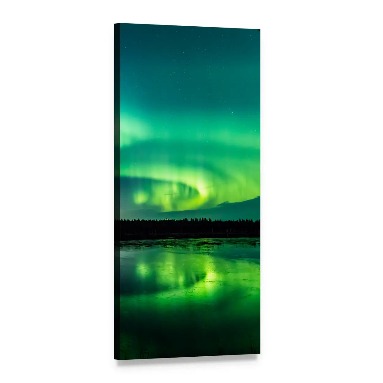 Aurora Borealis Over Lake Reflection Vertical Canvas Wall Art, 1 panel 1 Vertical layout gallery wrapped canvas set, angled product view