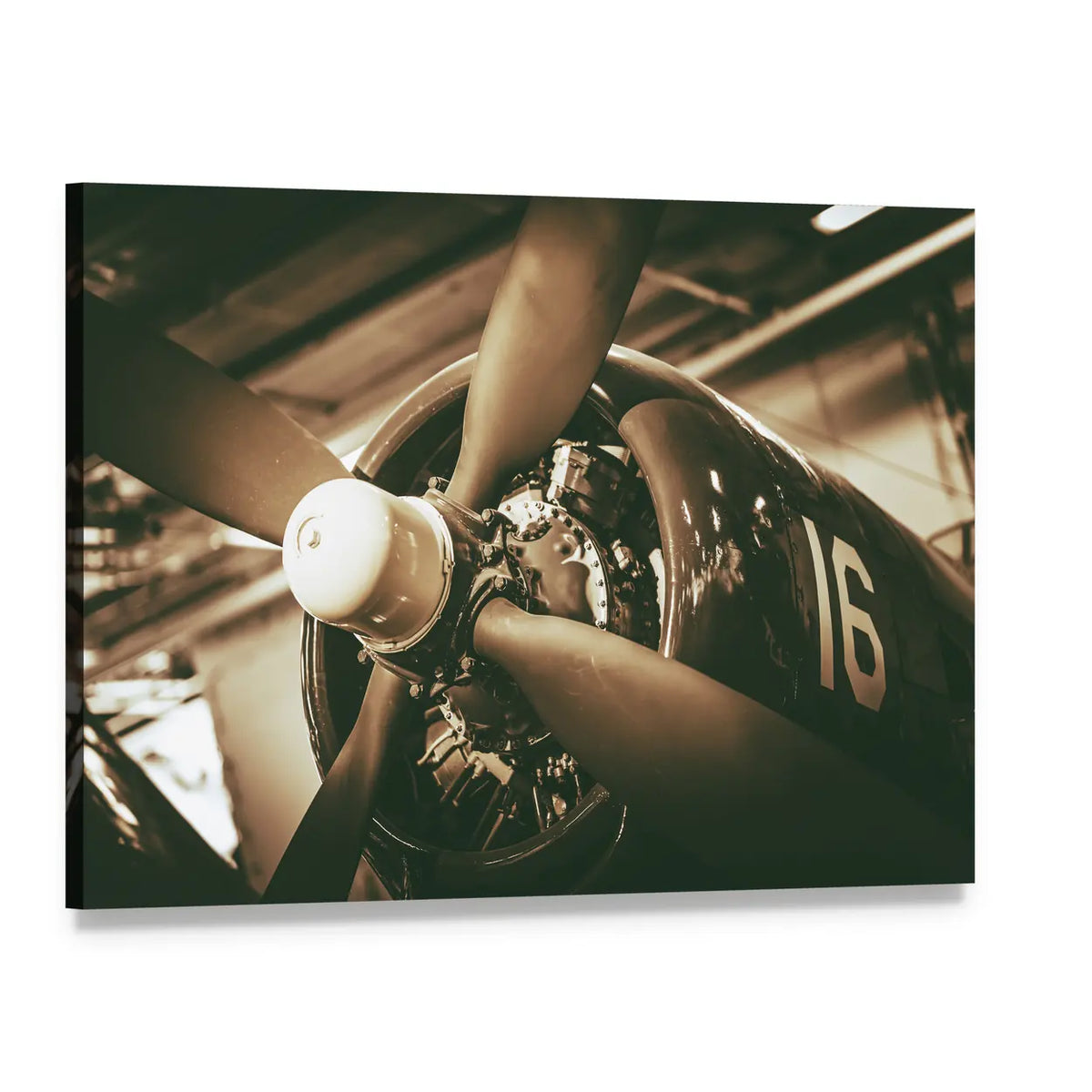 Vintage Military Aircraft Propeller Closeup Canvas Wall Art, single panel gallery wrapped canvas, angled product view