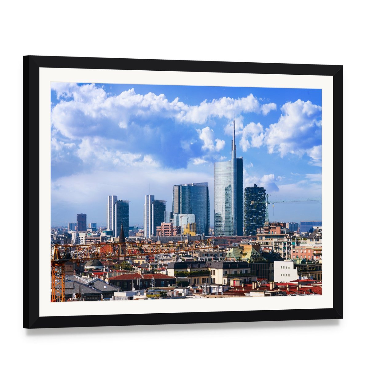 Milan Skyline Canvas Wall Art, framed print with white mat and black frame, angled product view