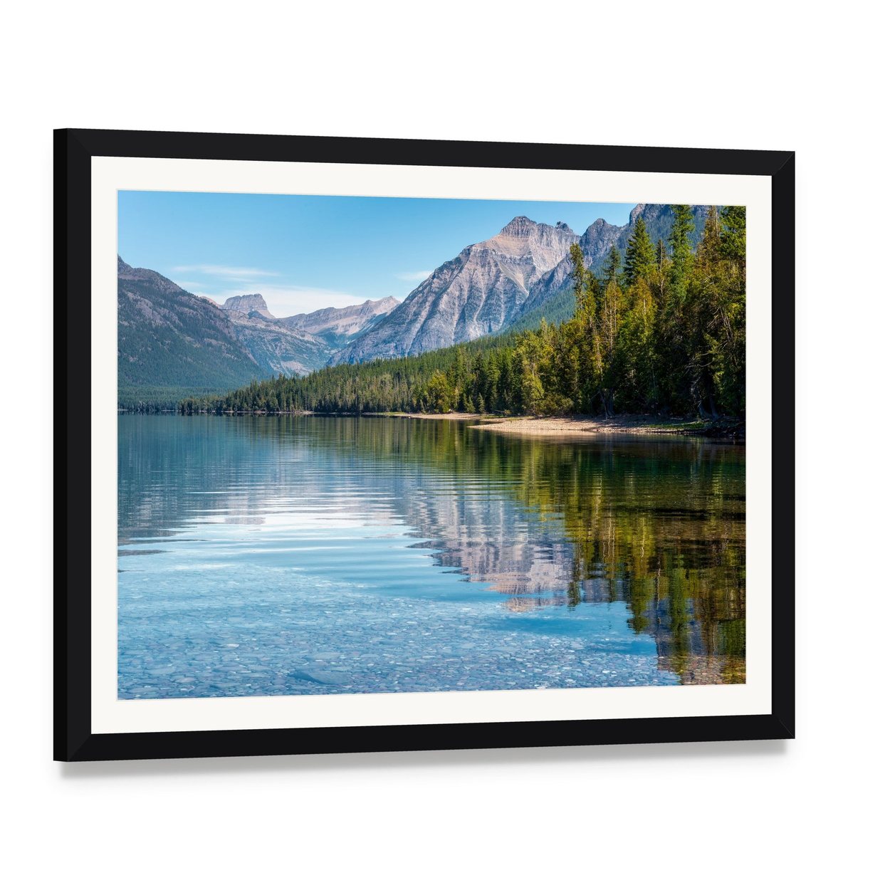 Mountain Lake with Reflected Peaks Canvas Wall Art, framed print with white mat and black frame, angled product view