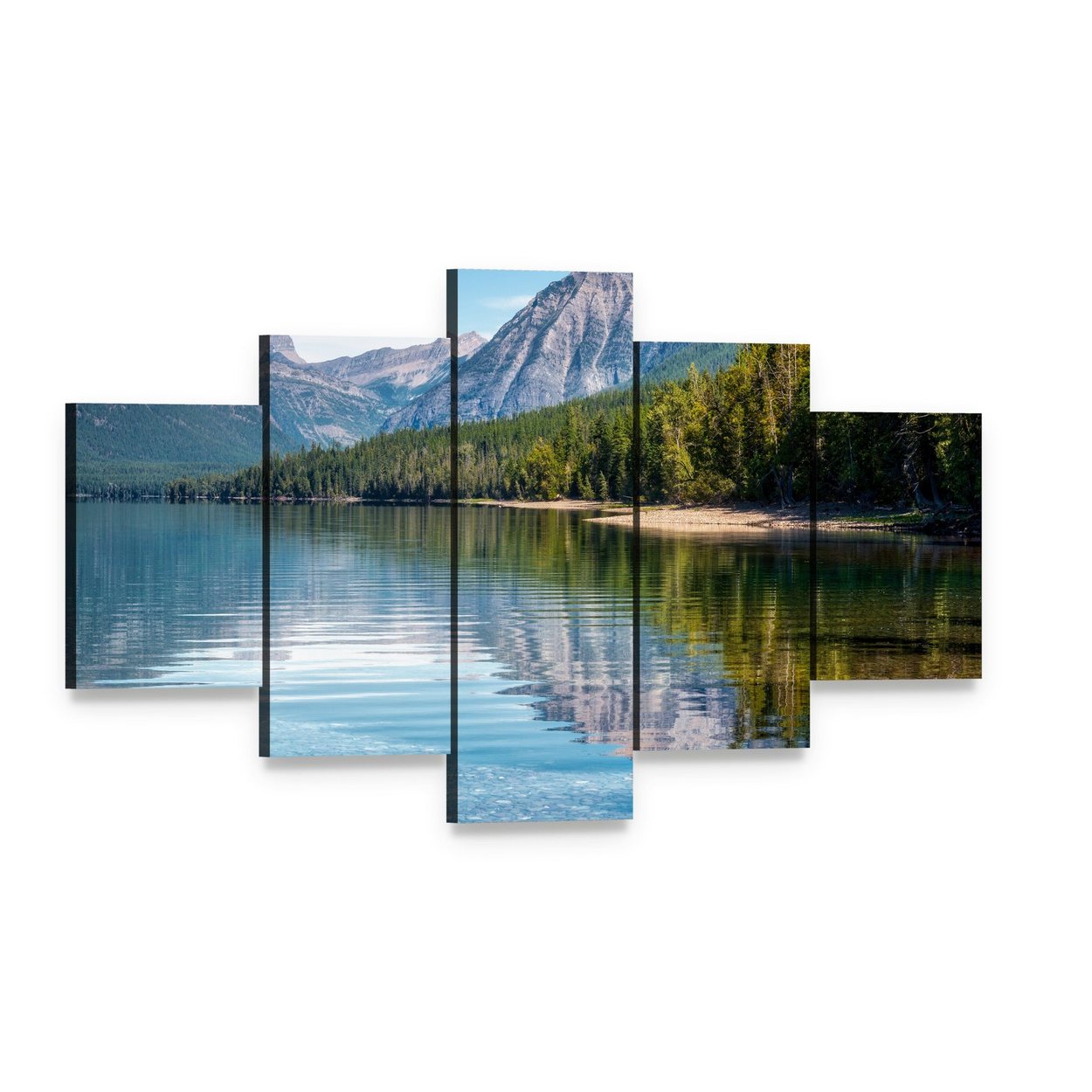 Mountain Lake with Reflected Peaks Canvas Wall Art, 5 panel 5 Star layout gallery wrapped canvas set, angled product view