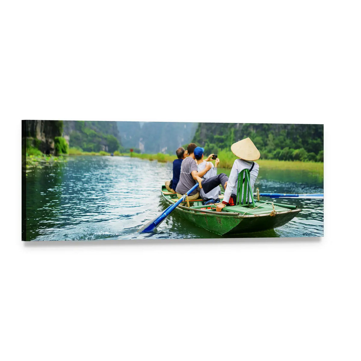 Tourists in Boat on Scenic River Panoramic Canvas Wall Art, single panel gallery wrapped canvas, angled product view