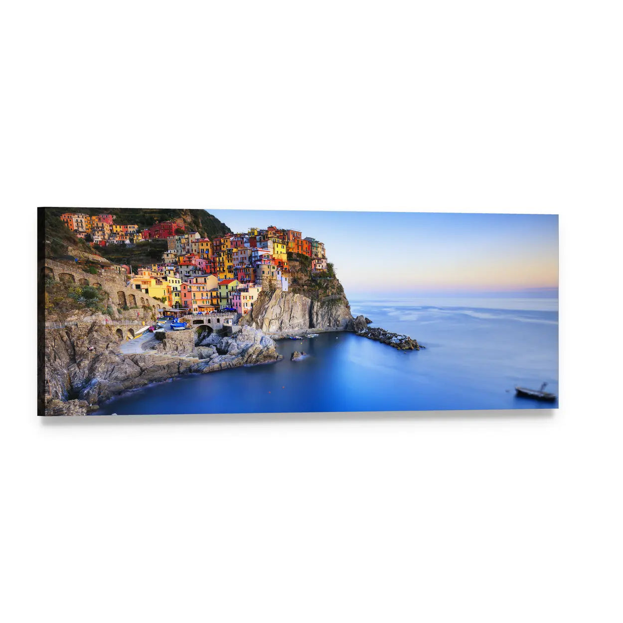 Manarola Coastal Village at Dusk Panoramic Canvas Wall Art, single panel gallery wrapped canvas, angled product view