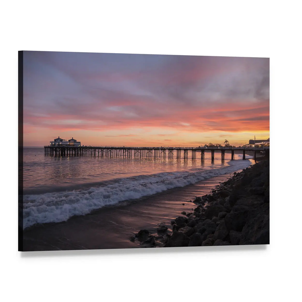 Malibu Pier at Sunset Canvas Wall Art, single panel gallery wrapped canvas, angled product view