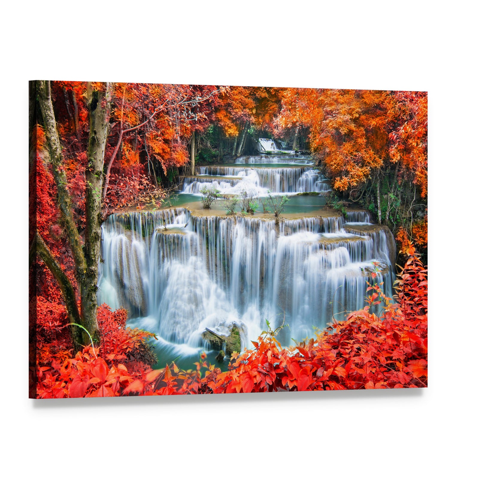 Waterfall in Autumn Forest Canvas Wall Art, single panel gallery wrapped canvas, angled product view