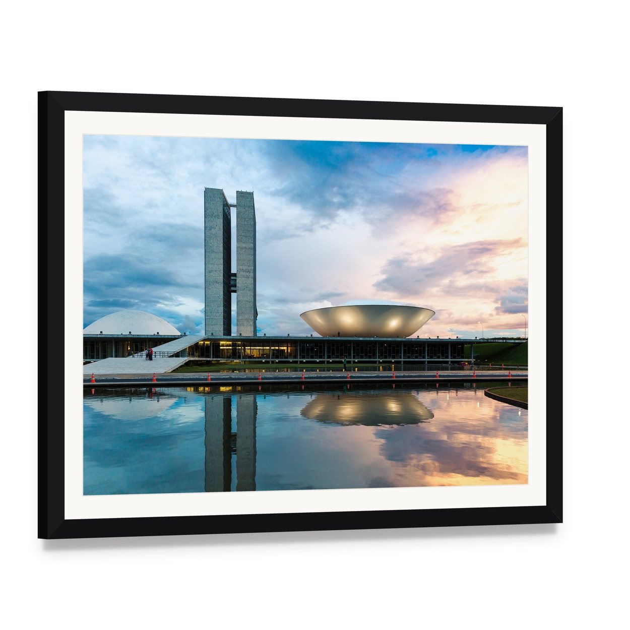 Brazilian National Congress Canvas Wall Art, framed print with white mat and black frame, angled product view