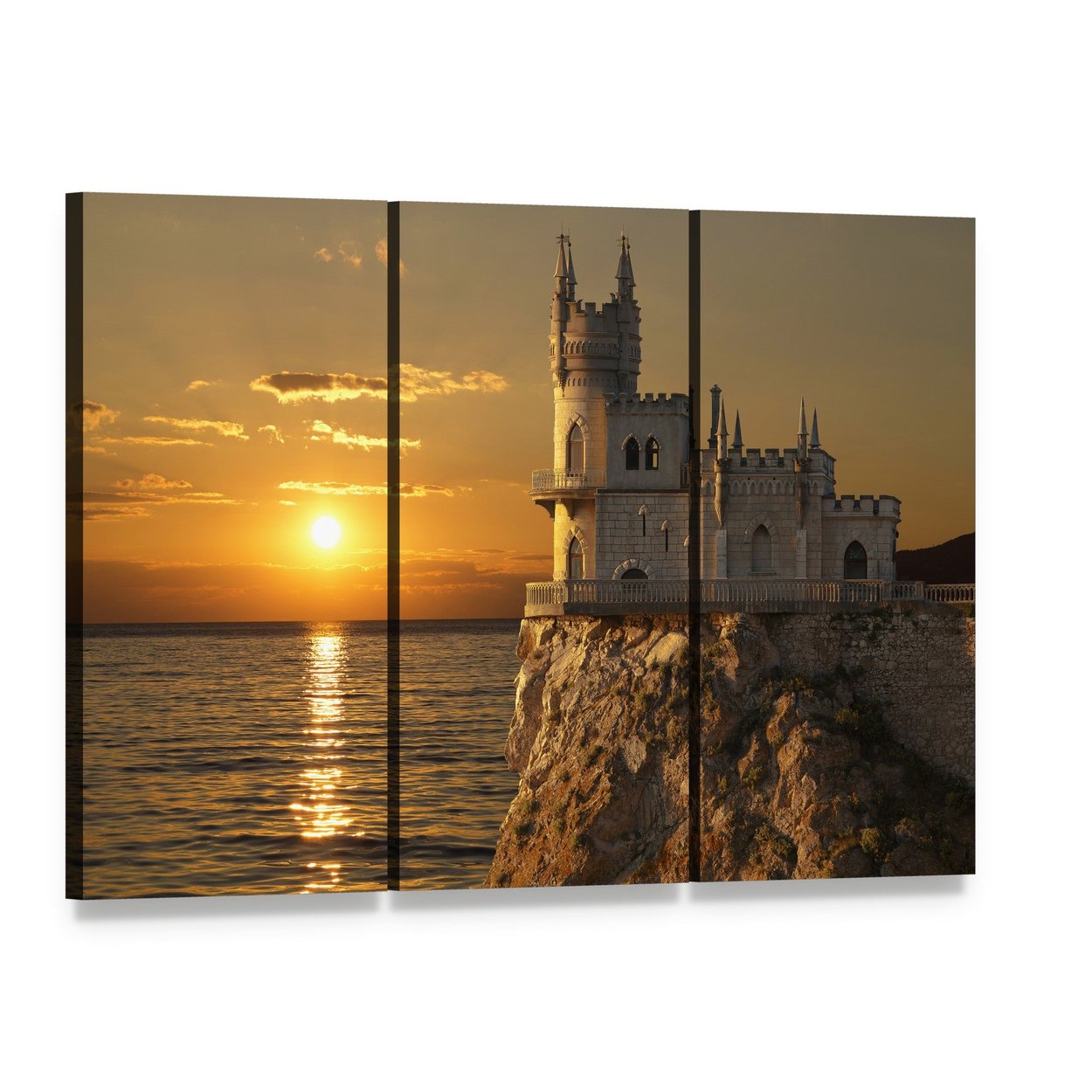 Swallow's Nest Castle at Sunset Canvas Wall Art, 3 panel 3 Horizontal layout gallery wrapped canvas set, angled product view
