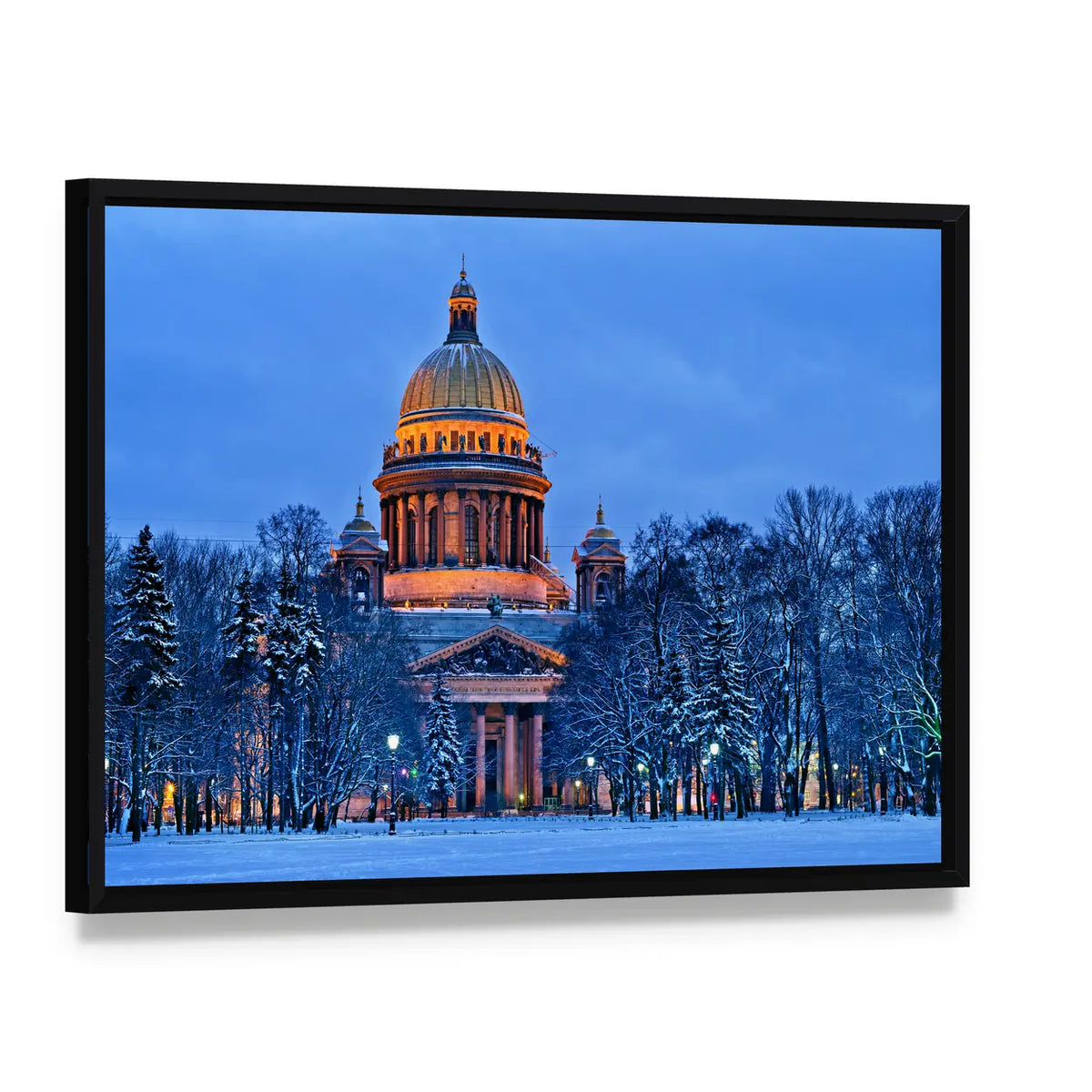 St. Isaac's Cathedral in Winter Evening Canvas Wall Art, framed canvas in a black floater frame, angled product view