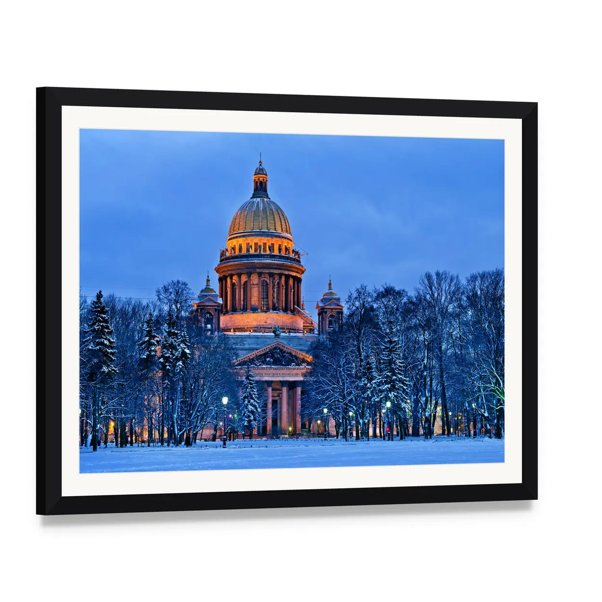 St. Isaac's Cathedral in Winter Evening Canvas Wall Art, framed print with white mat and black frame, angled product view