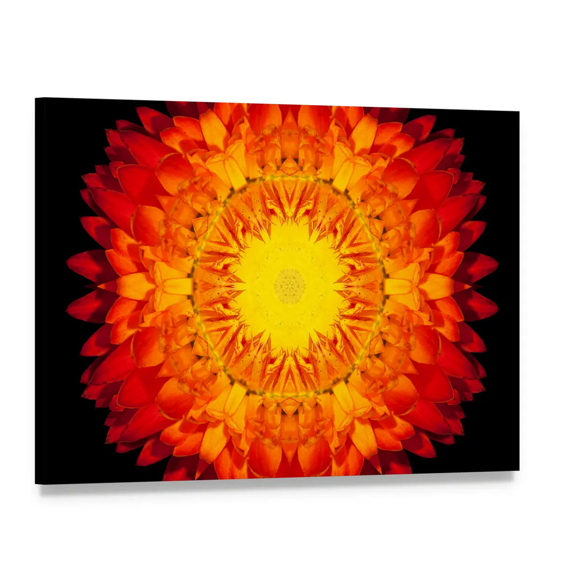 Red Flower Mandala Canvas Wall Art, single panel gallery wrapped canvas, angled product view