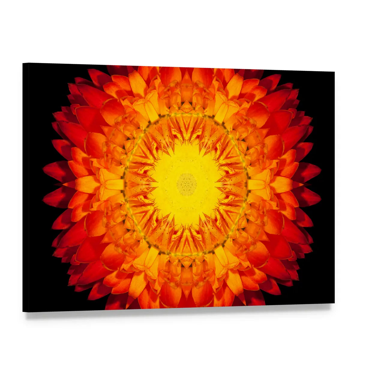 Red Flower Mandala Canvas Wall Art, single panel gallery wrapped canvas, angled product view