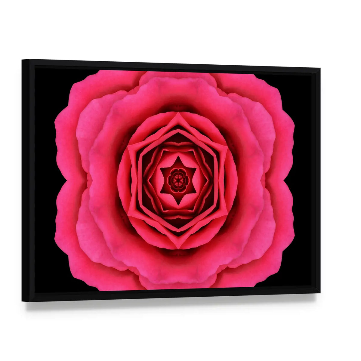 Pink Kaleidoscope Flower Canvas Wall Art, framed canvas in a black floater frame, angled product view