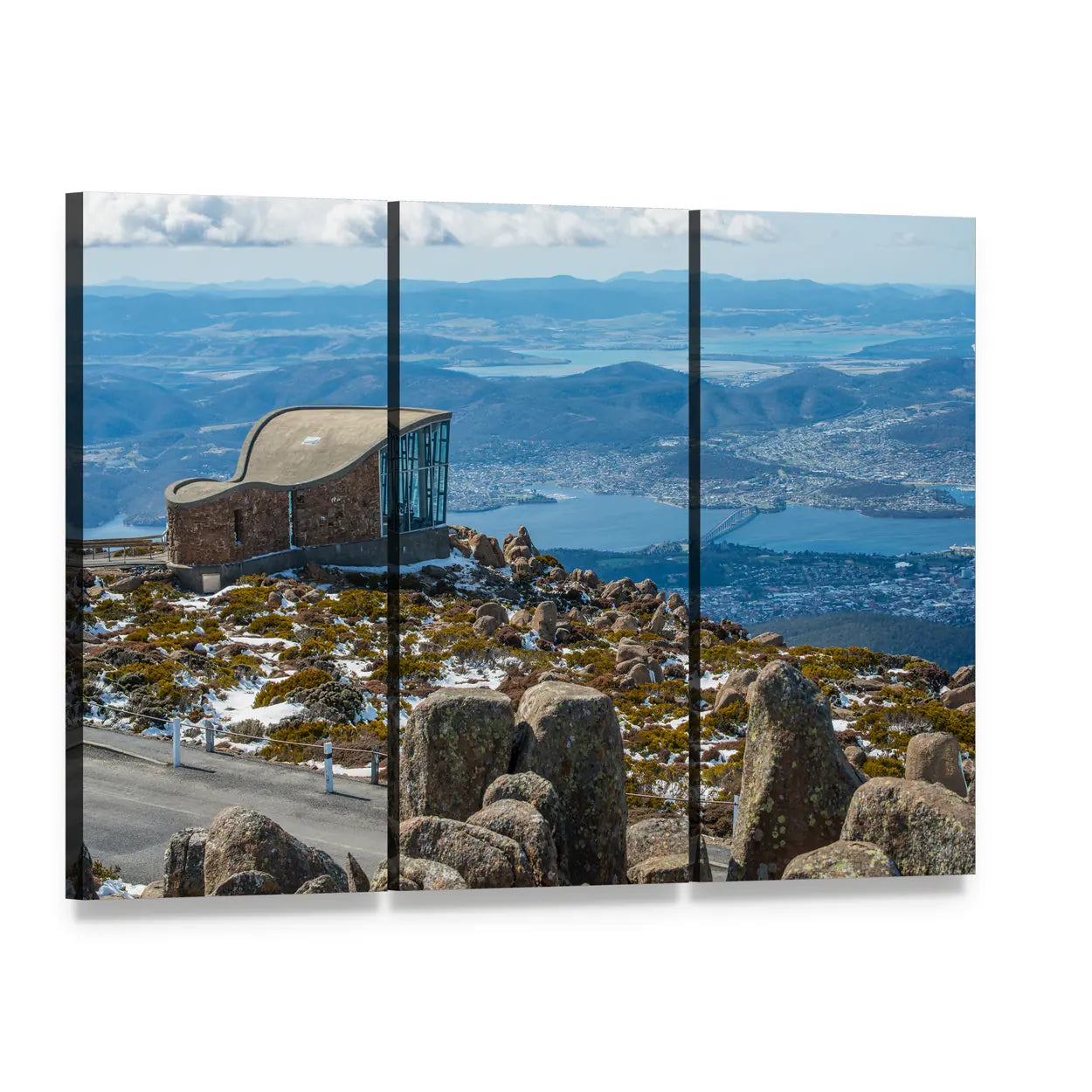 Mt Wellington and Hobart City View Canvas Wall Art, 3 panel 3 Horizontal layout gallery wrapped canvas set, angled product view