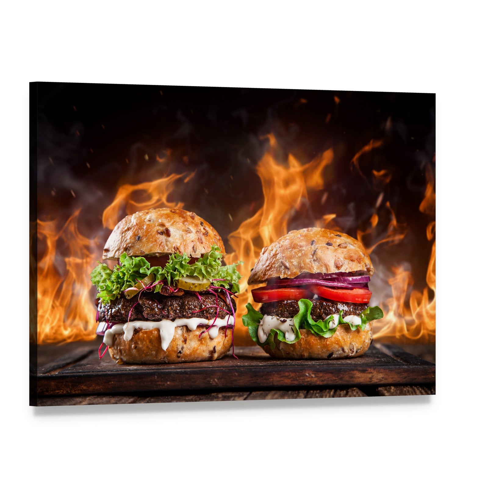 Gourmet Burgers with Flame Background Canvas Wall Art, single panel gallery wrapped canvas, angled product view