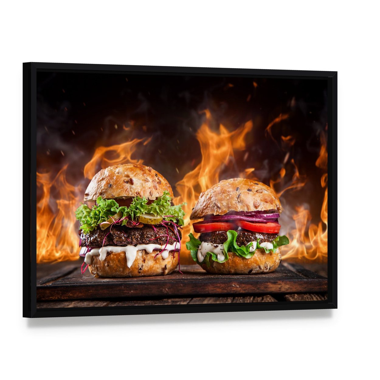 Gourmet Burgers with Flame Background Canvas Wall Art, framed canvas in a black floater frame, angled product view