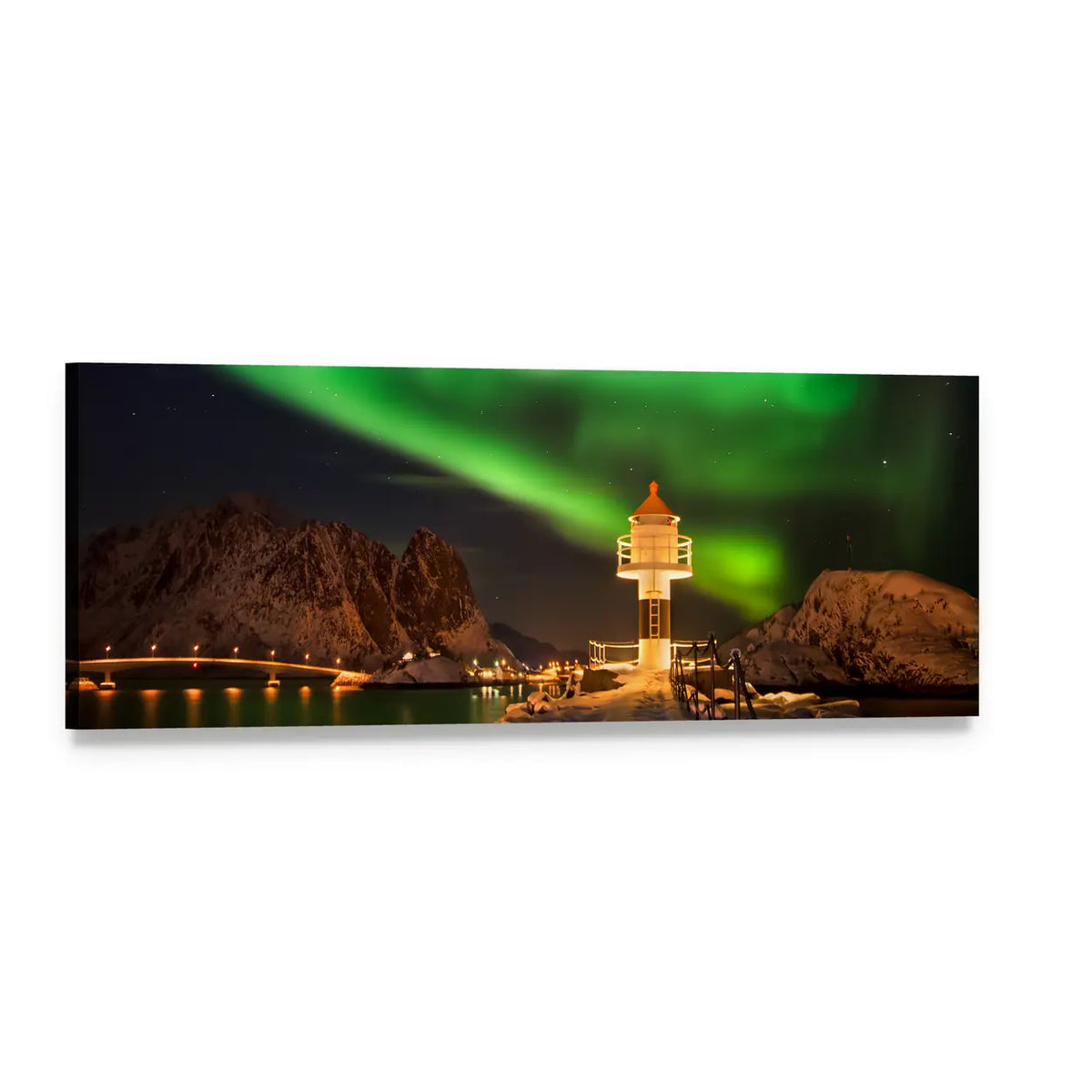 Lofoten Lighthouse Under Northern Lights Panoramic Canvas Wall Art, single panel gallery wrapped canvas, angled product view